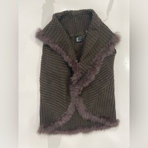 Love Token Knit Sweater Vest with Rabbit Fur Trim